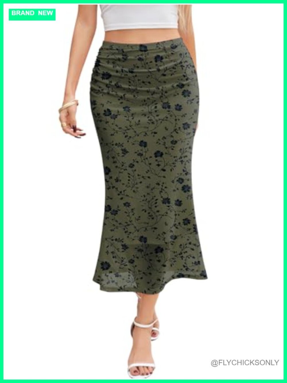 Mesh Midi Skirt High Waisted Floral Mermaid Flared Hem